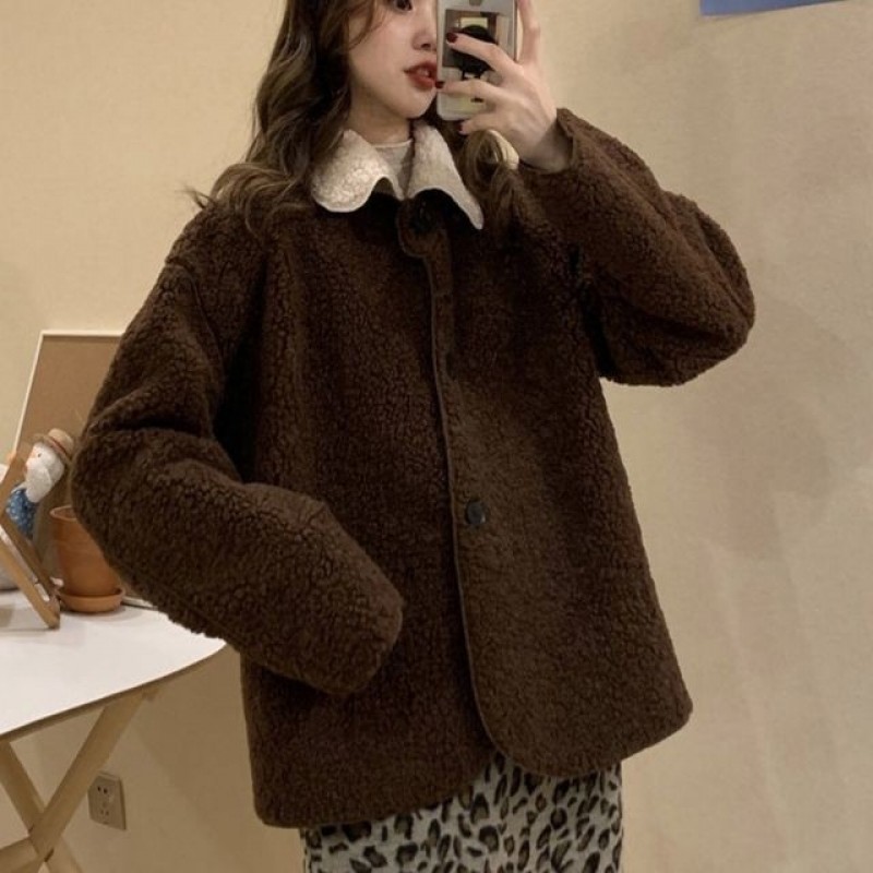 러블리 배색 카라 양털 뽀글이 자켓 코트 2color