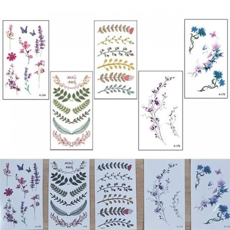 미니 타투스티커 5종세트 보라색 수채화 꽃 여름 패션