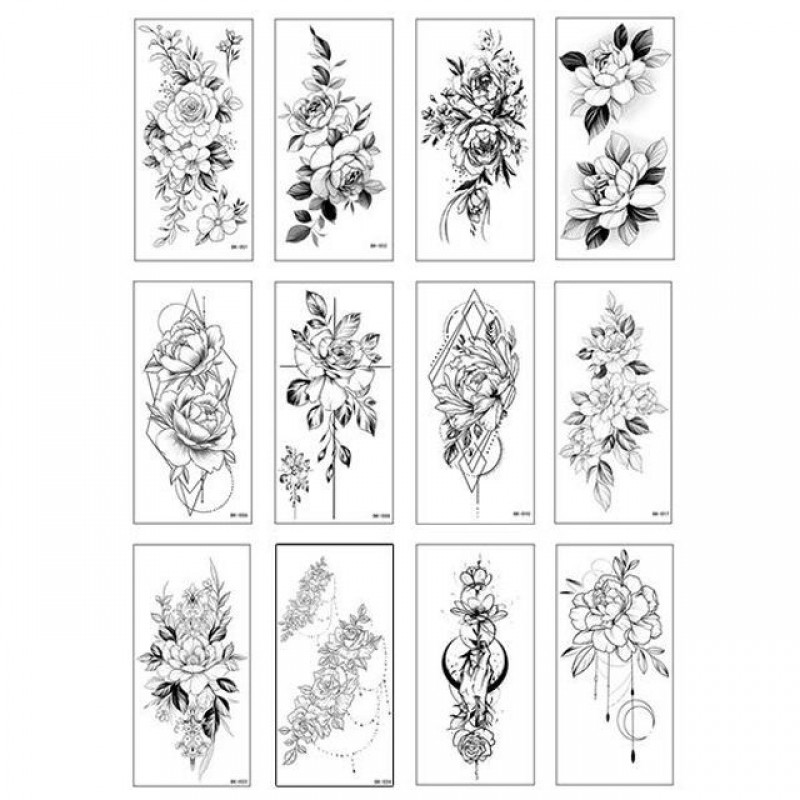 흑백 대형 타투스티커 12종세트 장미 꽃 여름 패션