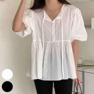 퍼프 소매 셔링 블라우스